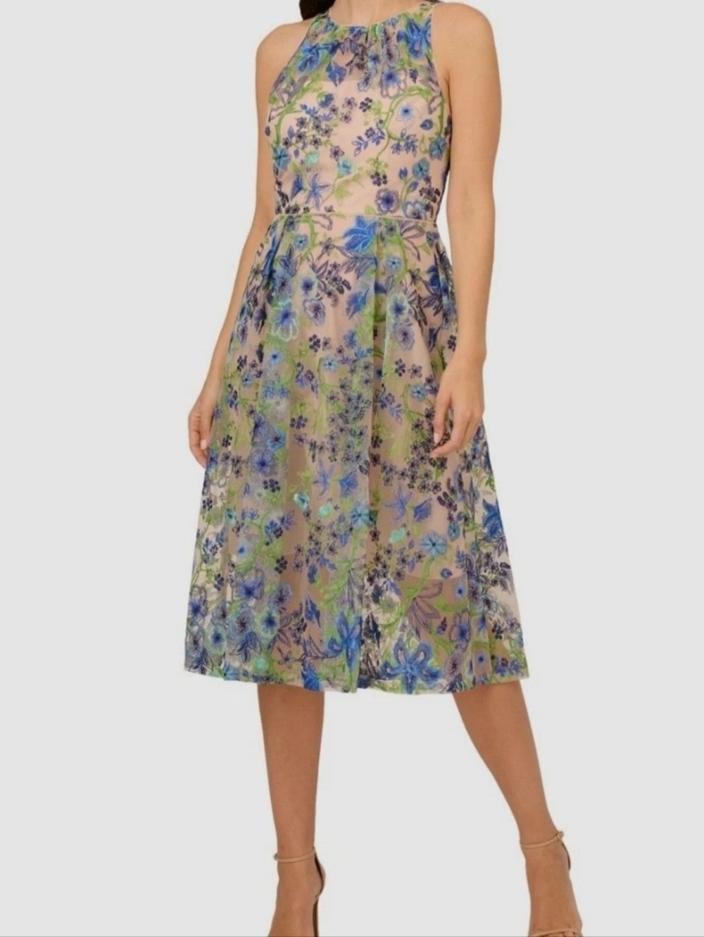 Adrianna Papell Floral Embroidered Spring Midi Dress